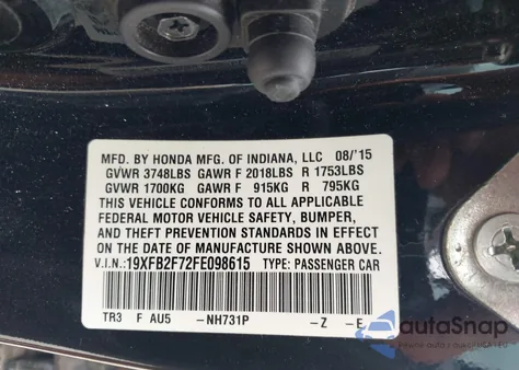 2015 Honda Civic Se z USA, uszkodzony, nr VIN 19XFB2F72FE098615